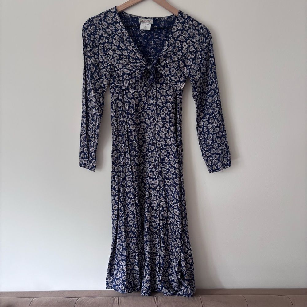 Vintage 90's Esprit Kids Large Navy Daisy Floral Tie-Front Dress